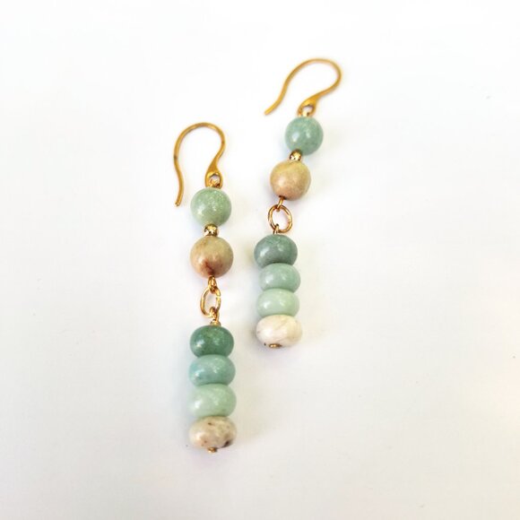 Amazonite Stone Gold French Hook Dangle Earrings Boho Chic Coastal Summer Gifts - Picture 2 of 10